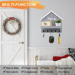 CRAKTH Grey Key and Mail Holder for Wall, House Key Rack Wall Decorative, Wood Key Hook Wall Mount, Wall Mail Organizer, Unique Key Hanger Has Large Hooks for Bags, Coats, Umbrella