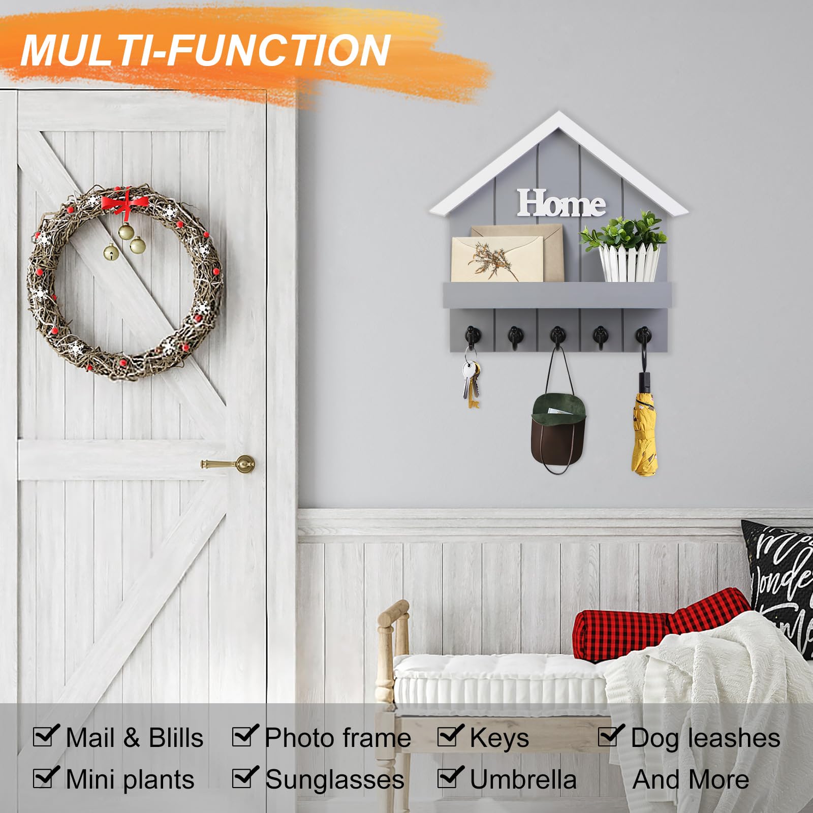 CRAKTH Grey Key and Mail Holder for Wall, House Key Rack Wall Decorative, Wood Key Hook Wall Mount, Wall Mail Organizer, Unique Key Hanger Has Large Hooks for Bags, Coats, Umbrella