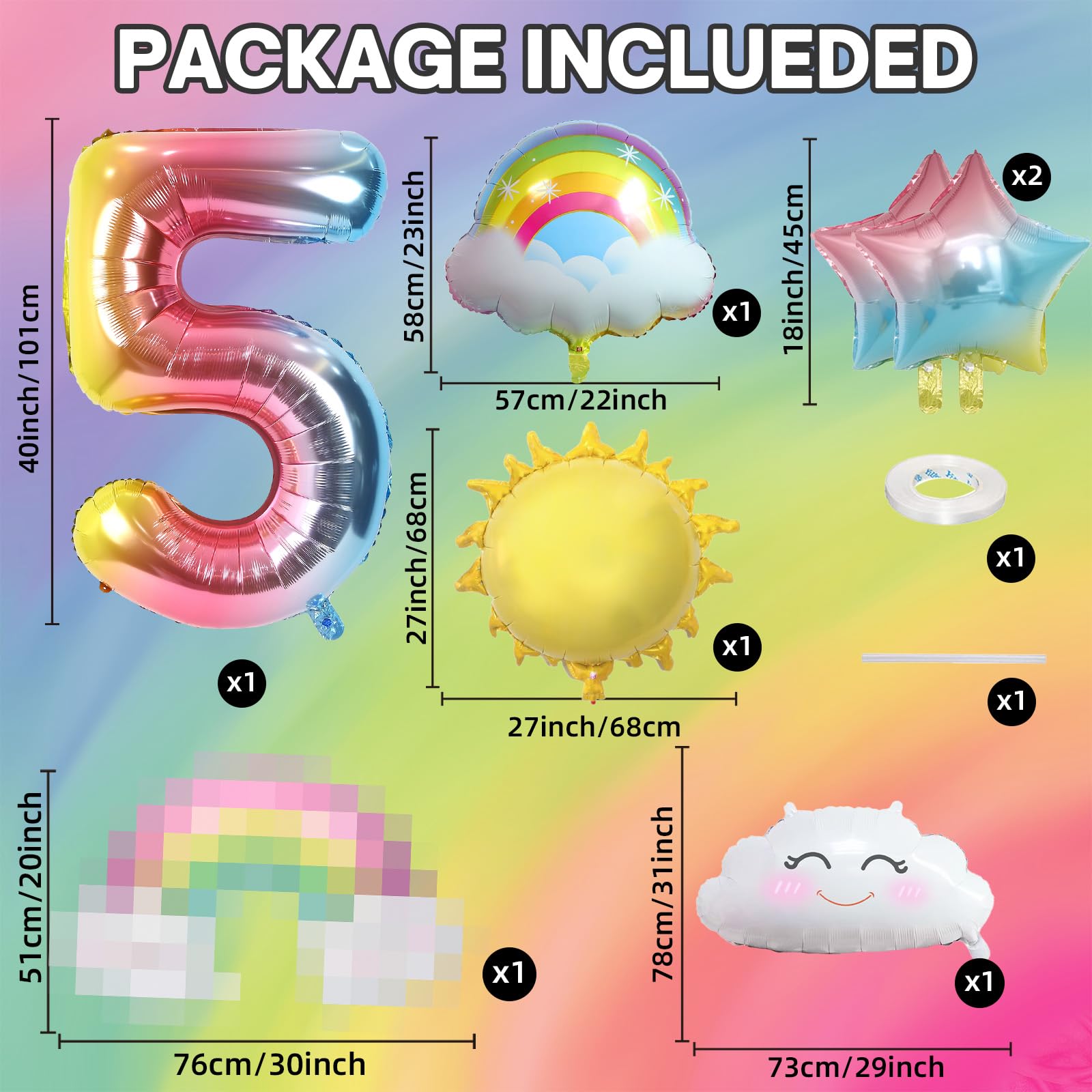 5th Birthday Decorations Girl, 5th Rainbow Birthday Balloons Set with Sun Rainbow Gradient Stars and 40 Inch Number 5 Foil Balloon for Rainbow Theme Girls 5th Birthday Party Decoration Supplies