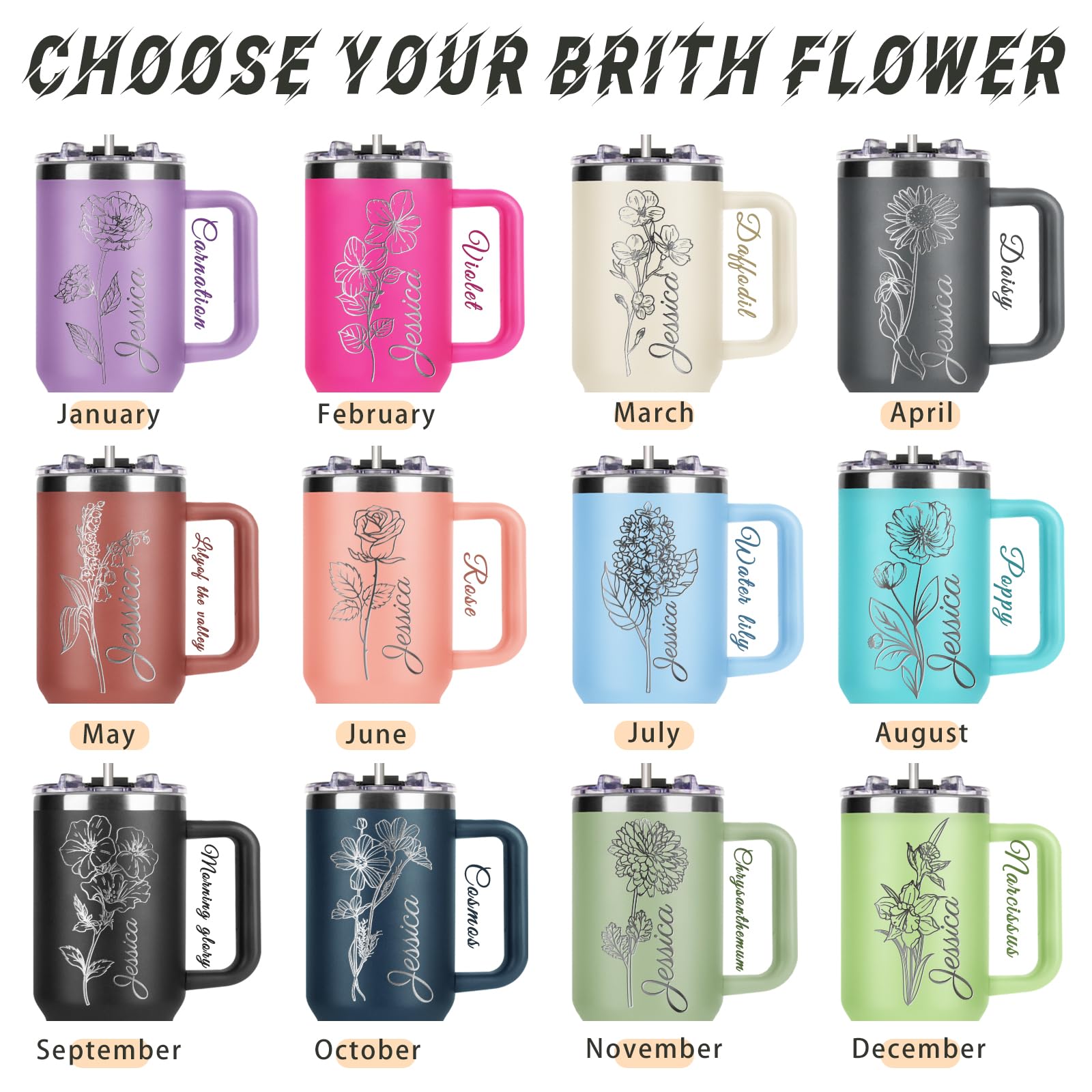 Personalized 40 Oz Tumbler with Handle and Straw - Custom Bridesmaids Gifts Gifts with Name and Birth Flower - Personalized Tumbler Travel Coffee Mug - Bridesmaid Gifts for Wedding Day