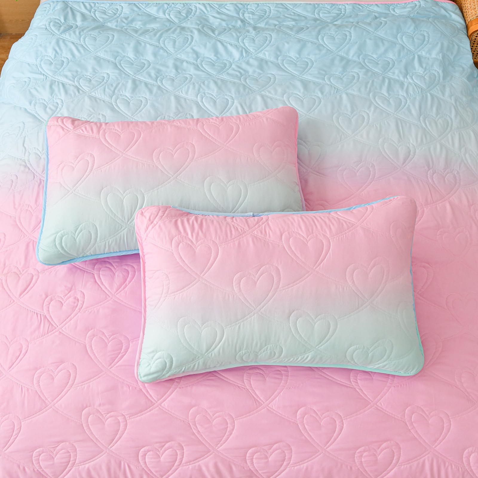 Pink Quilt Set Queen Ombre Blue Pink Mint Quilt Sets Kids Girls Bedding Set 3PCs Summer Reversible Lightweight Microfiber Bedspread Coverlet Sets for All Season (96''x90'')