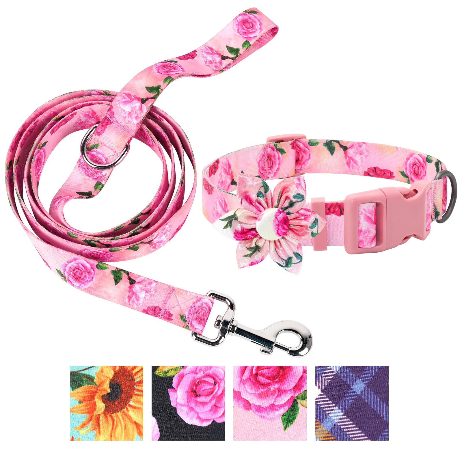 DQGHQME Dog Collar and Leash Set Girls 5ft/Foot Pink Dog Leash and Collar Adjustable Dog Harness and Leash Set Puppy Collars with Beautiful Floral Bow Tie for Small Medium Large Female Dogs,Rose Pink