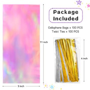 Ohuimrt Iridescent Cellophane Treat Bags, 5 x 11 Inches Plastic Holographic Goodie Bags, 100 PCS Party Favor Bags with 100 PCS Ties for Candies, Snacks, Small Gifts