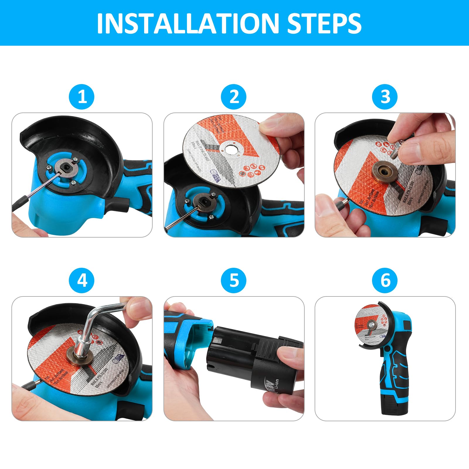 Mulcort Cordless Brush Angle Grinder Kit, 7000rpm Mini Electric Angle Grinding Tool, 2x16.8V 2000mAh Batteries and 6pcs Discs, Grinder Handheld Cutter for Metal Wood(Blue)