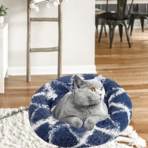 Wxrhiyer Dog Bed for Indoor, Faux Fur Calming Dog & Cat Bed 24' Anti-Anxiety Donut Soft Plush Cushion for Small Medium Dogs & Cats with Slip-Resistant Bottom(Cyan+White)