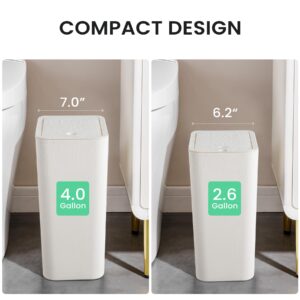 Cesun Bathroom Trash Can with Lid, Small Garbage Can with Press Top Lid, Plastic Wastebasket with Pop-up Lid for Toilet, Office, Bedroom, Living Room, White, 2.6 Gallon + 4.0 Gallon