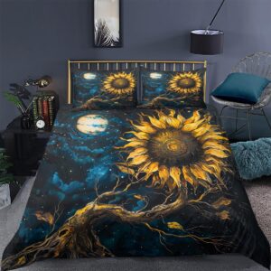 CCoutueChen Moon Sunflower Duvet Cover Set King Size Abstract Yellow Flower Comforter Bedding Set Unique Plant Duvet Covers for Girls Women Adults Aesthetic Floral Duvet Cover with 2 Pillowcases