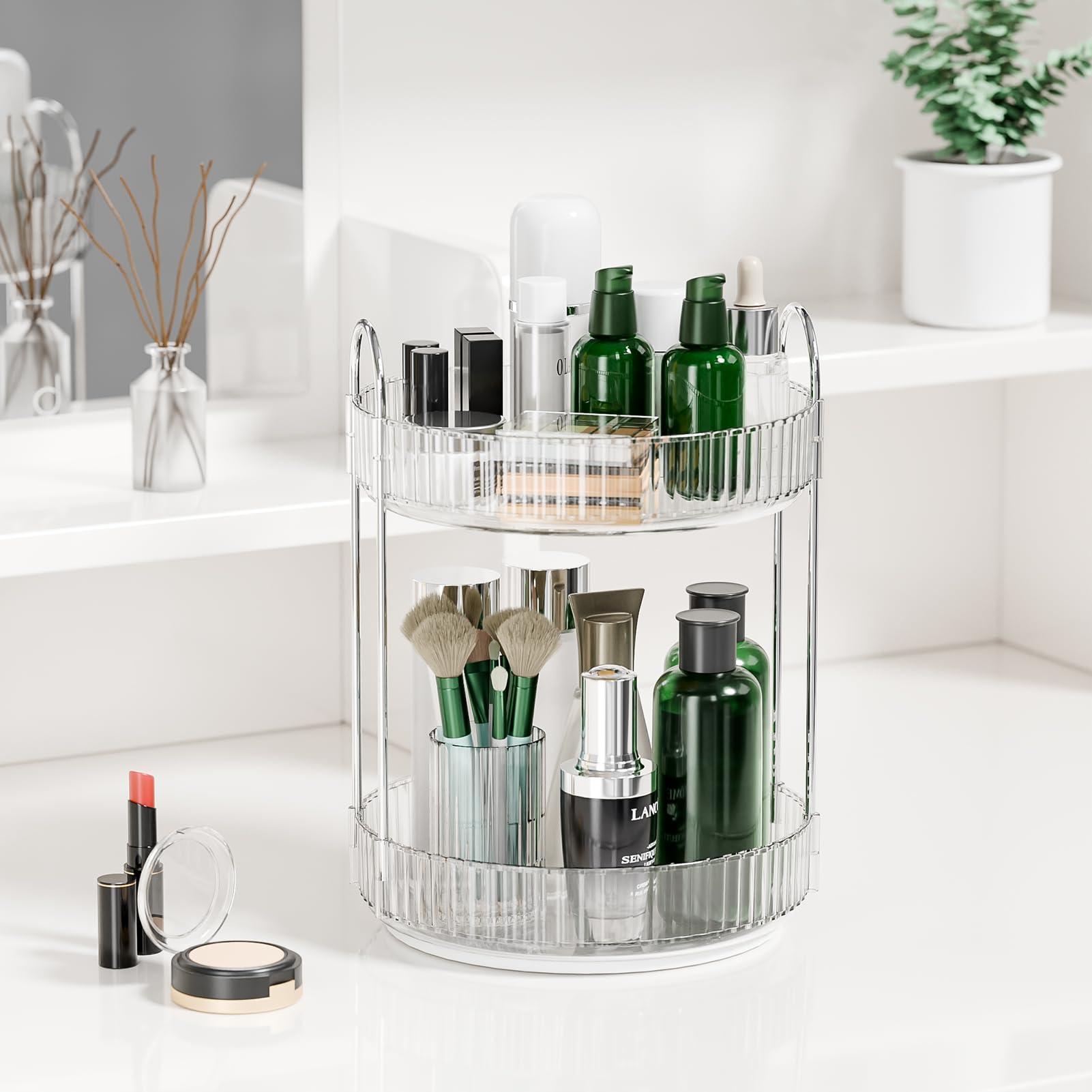 VITVITI Rotating Makeup Organizer Countertop for Vanity, 2-Tier Large Skincare Perfume Organizer for Dresser, Clear Bathroom Cosmetic Display Cases for Skin Care/Lotion/Lipstick, Plastic