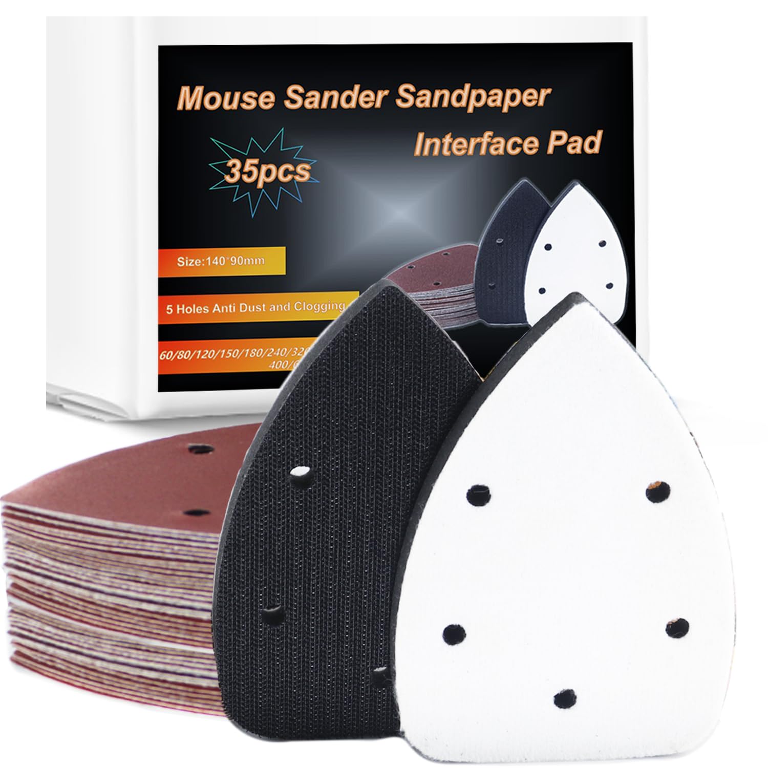 33pcs Sand Paper Mouse Sander Sandpaper 60-1500 Grits with 2pcs Detail Sander Paper Interface Pad Hook and Loop Triangle Sanding Pads with 5 Holes for 140mm Sanding Machine