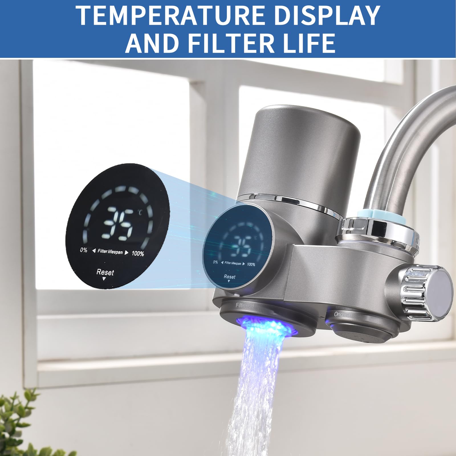 HOMELODY Faucet Mount Water Filter, LED Display Tap Water Purifier Reduces Lead Chlorine Heavy Metals, Water Filter for Sink Faucet Fits Standard Faucets (Includes 1 Filter)