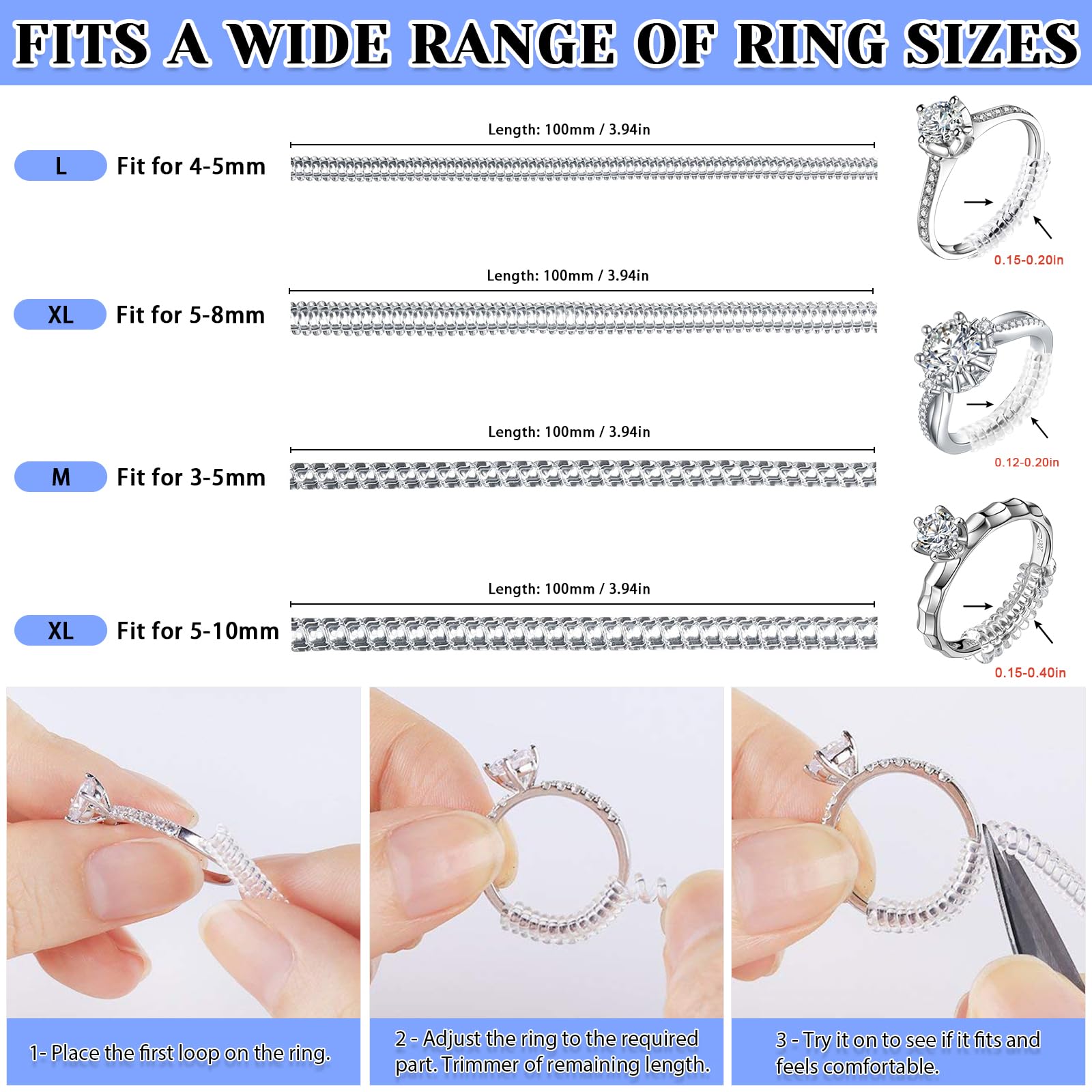 Eiito Ring Sizers for Loose Rings Invisible Ring Size Adjuster, Ring Guards for Loose Rings Fit Any Rings, 2 Styles,Insert and Spiral Ring Adjuster(16pcs)