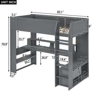 Polibi Twin Size Gaming Loft Bed with Desk, LED and Charging Station, Wood Loft Bed Frame with Multi-Storage Shelves, Dark Gray