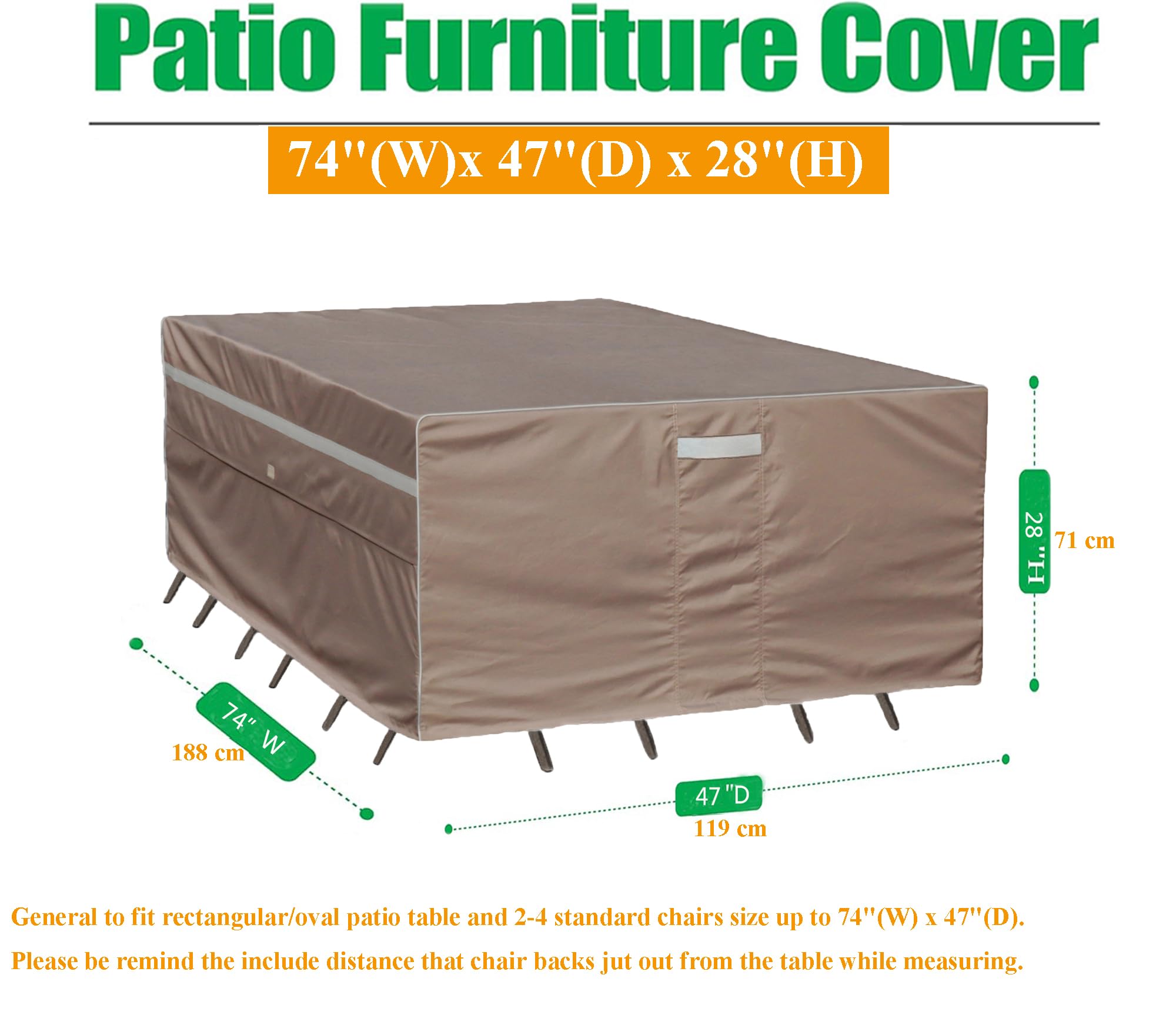 Garden Balsam Heavy Duty Waterproof Patio Furniture Covers,Fade Resistant Outdoor Table and Chair Covers Rectangular 74" Wx 47" D x 28" H Brown