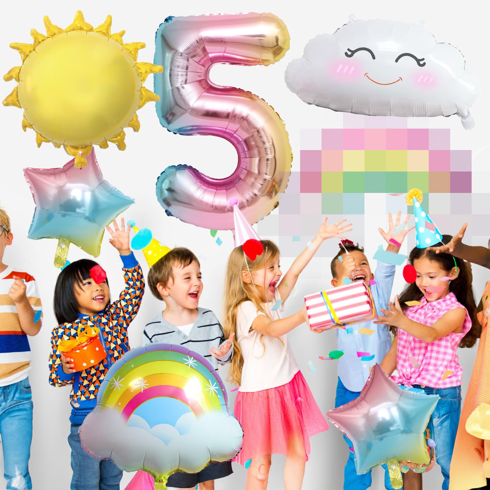 5th Birthday Decorations Girl, 5th Rainbow Birthday Balloons Set with Sun Rainbow Gradient Stars and 40 Inch Number 5 Foil Balloon for Rainbow Theme Girls 5th Birthday Party Decoration Supplies