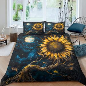 CCoutueChen Moon Sunflower Duvet Cover Set King Size Abstract Yellow Flower Comforter Bedding Set Unique Plant Duvet Covers for Girls Women Adults Aesthetic Floral Duvet Cover with 2 Pillowcases