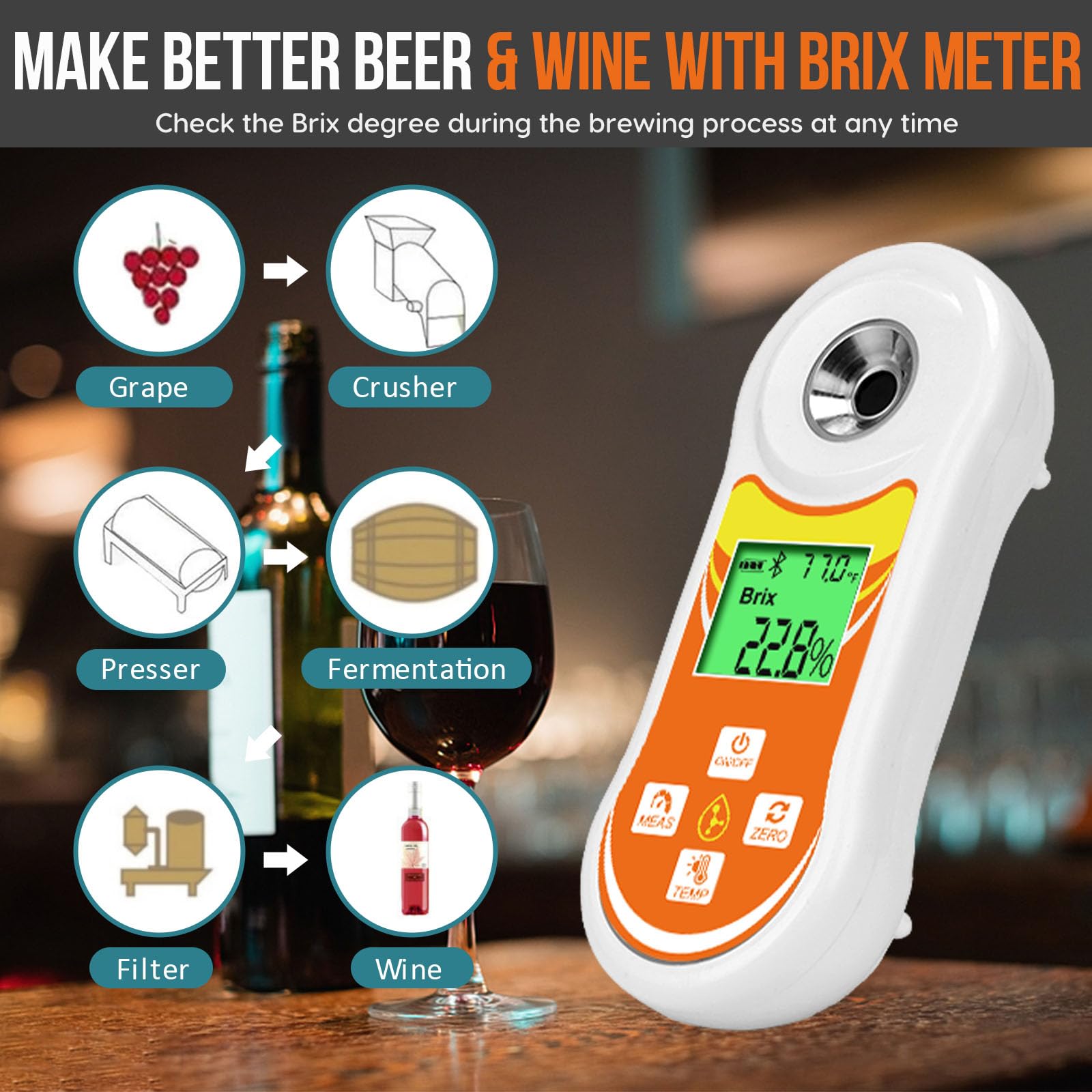 Smart Brix Refractometer, YINMIK Digital Brix (0-60%) Tester, Sugar Temperature Meter with ATC, Portable Brix Meter for Fruit, Home Wine & Beer Brewing, Coffee, Maple Syrup, Juice, Food, Vegetable