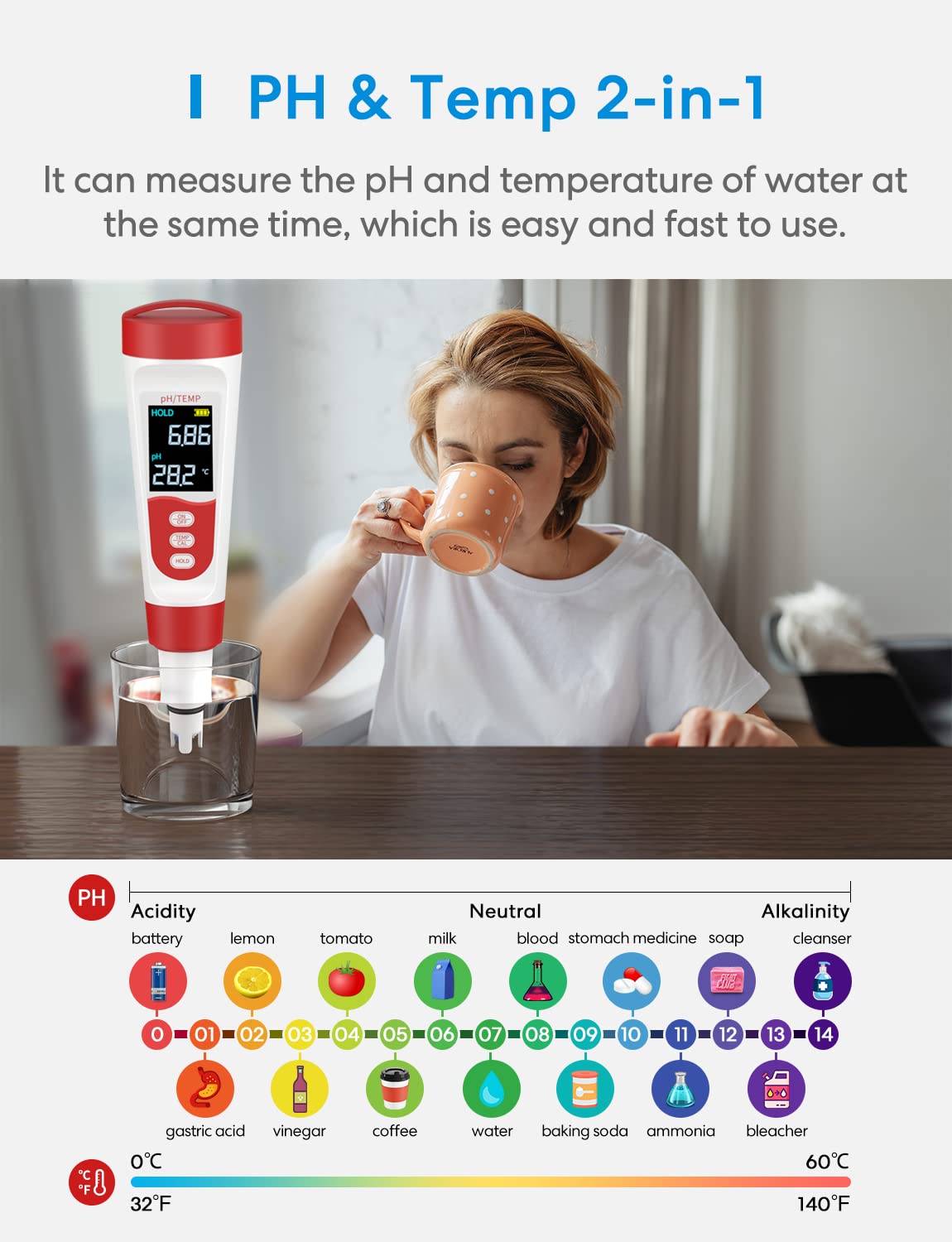 meross PH Meter, Digital PH Meter for Water Hydroponics with ATC, IP67 PH/Temp 2 in 1 Tester Pen with 0-14 PH Measurement Range, 0.01PH High Accuracy Mini Pen for Pool, Drinking Water