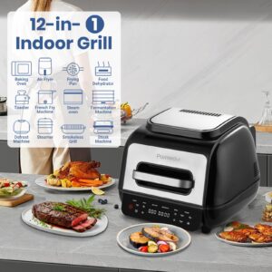 Parmedu Air Fryer Indoor Smokeless Grill: 12-in-1 Electric Air Grill Combo with Bake, Roast, Broil, Steam, Dehydrate, 1800W Power Grill with Smart Thermometer, Non-stick Dishwasher-safe Plates, 6Qt