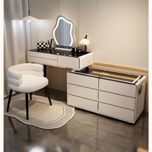 Pesnllov Vanity Desk - Makeup Vanity Table with Wireless Charging & Bluetooth Speaker, Solid Wood Bedroom Vanity, for Her (9 Drawers)