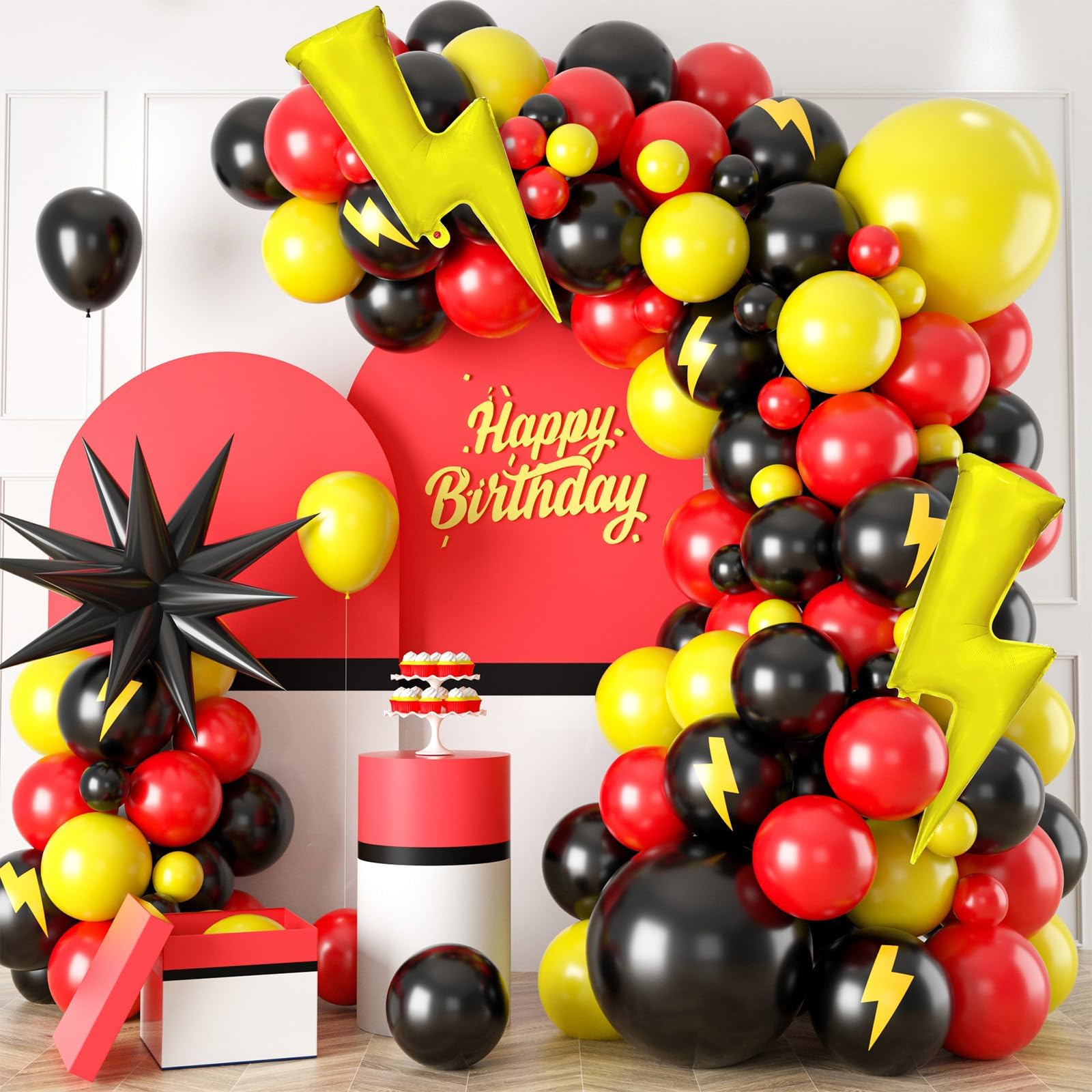 Red Black Yellow Balloon Garland Arch Kit,Cartoon Game Birthday Party Decorations,Cartoon Theme Latex Balloon Arch For Cartoon Ball Baby Shower Birthday Party Supplies