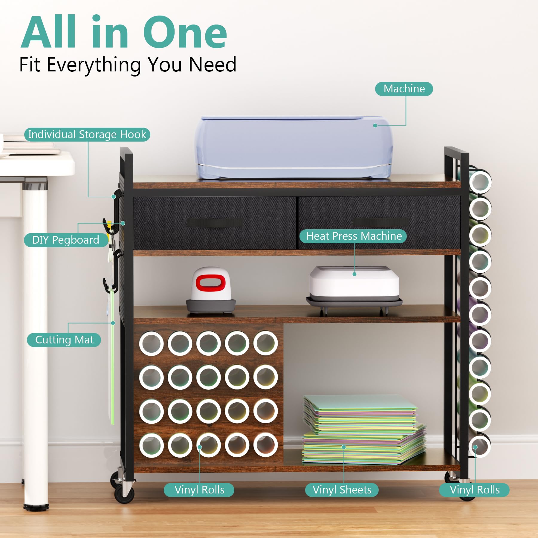 ousamili Organizers and Storage Craft Table Compatible with Cricut Machines, Multi-Functional Large Sturdy Storage Cart with Vinyl Roll Holder, Fantastic Storage for Craft Machines Organization