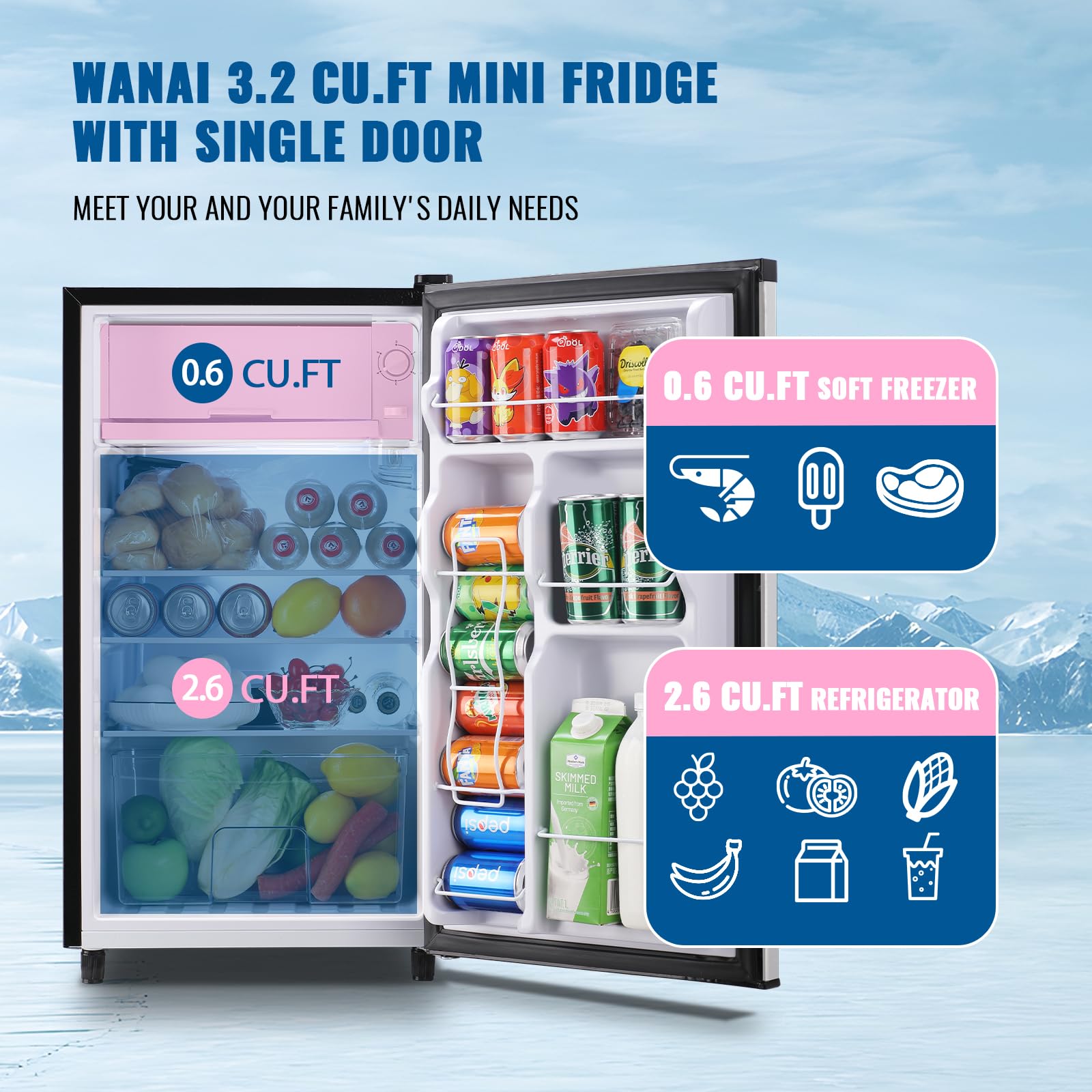 WANAI 3.2 Cu.Ft Mini Fridge with Freezer, Single Door Small Compact Refrigerator with 5 Adjustable Thermostat, LED Light, 3 Removable Shelves for Office, Dorm, Bedroom, Apartment, Kitchen Silver