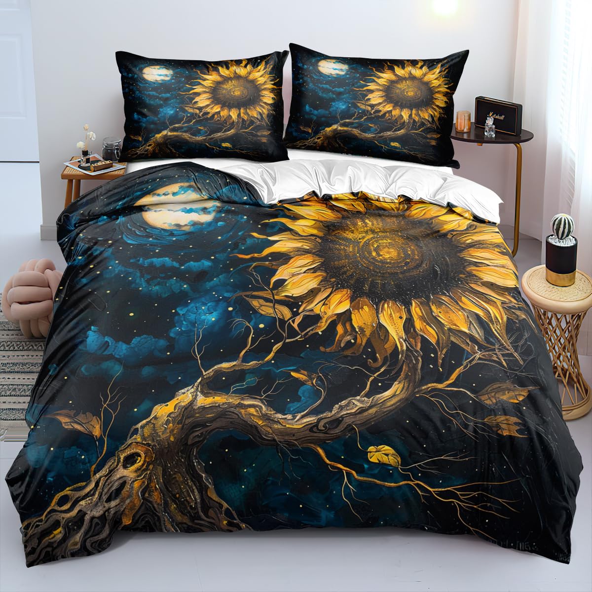 CCoutueChen Moon Sunflower Duvet Cover Set King Size Abstract Yellow Flower Comforter Bedding Set Unique Plant Duvet Covers for Girls Women Adults Aesthetic Floral Duvet Cover with 2 Pillowcases