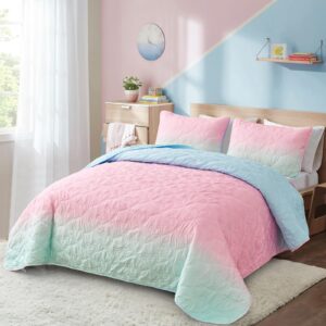 Pink Quilt Set Queen Ombre Blue Pink Mint Quilt Sets Kids Girls Bedding Set 3PCs Summer Reversible Lightweight Microfiber Bedspread Coverlet Sets for All Season (96''x90'')