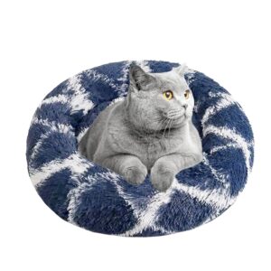 wxrhiyer dog bed for indoor, faux fur calming dog & cat bed 24' anti-anxiety donut soft plush cushion for small medium dogs & cats with slip-resistant bottom(cyan+white)