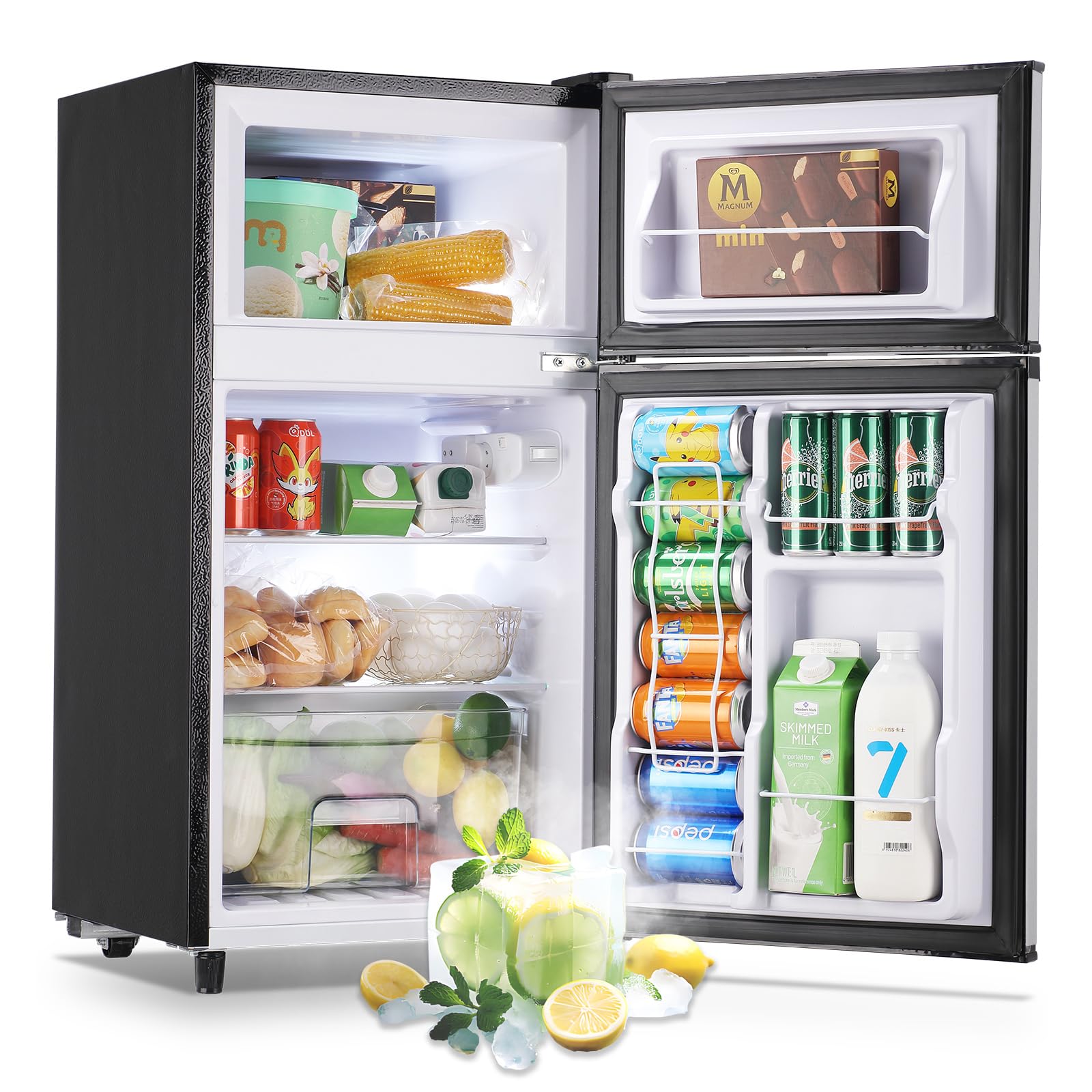 WANAI Double Door Small Refrigerator with Freezer-on-top, 3.5 Cubic Feet Mini Fridge with 7-Level Adjustable Thermostat for Office, Dorm, Bedroom, Home and Apartment, Black