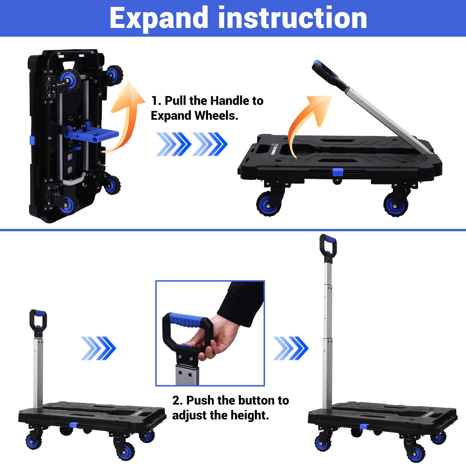 XCBYT 2 in 1 Folding Hand Truck Dolly Cart with Basket Heavy Duty 330 LBS Utility Foldable Dolly Platform Trucks with 4 Wheels & 2 Elastic Ropes Retractable Handle for Moving