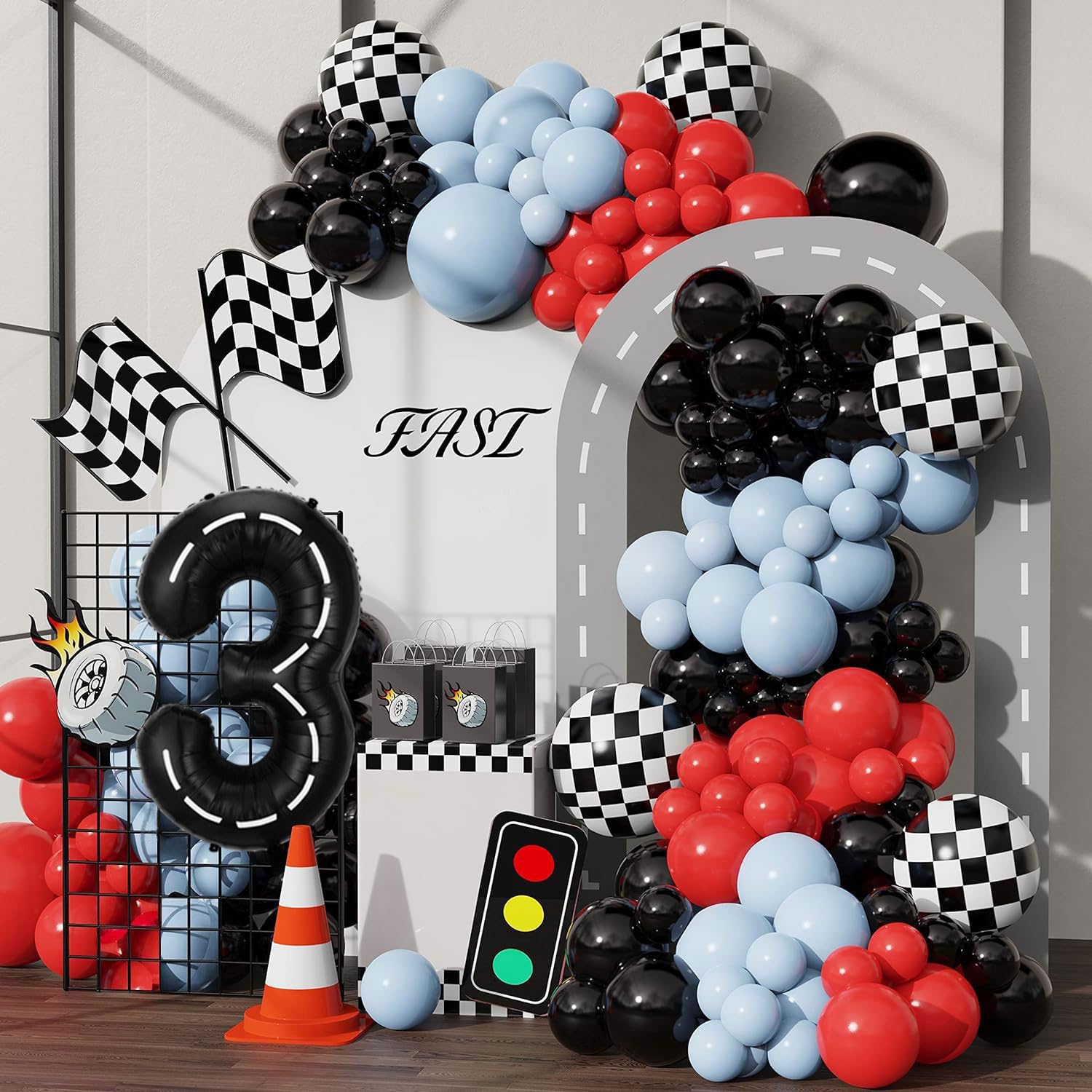 Race Car Birthday Balloons Decorations, 40 Inch Racetrack Black Number 3 Balloon, Eostankr Large Mylar Black 3 Balloon for 3st Birthday Race Car Theme Party Decor Supplies 7 Pcs