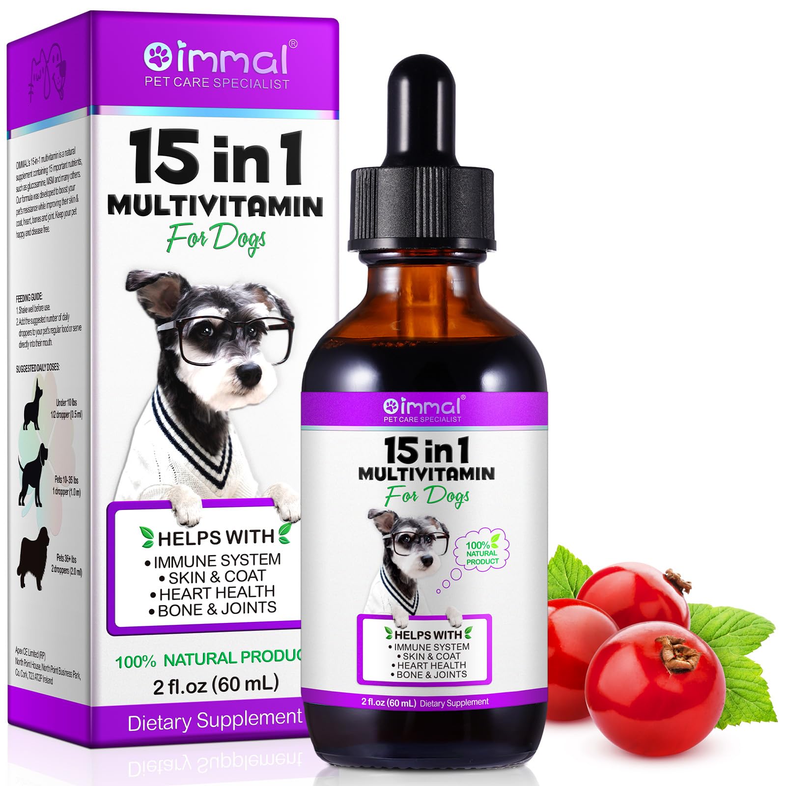 15 in 1 Dog Multivitamin Drops, Dog Multivitamin Liquid Supplements with Glucosamine & Probiotics, Dog Vitamins for Heart Health, Bones, Joint, Skin & Coat, Bladder, Immune System Support