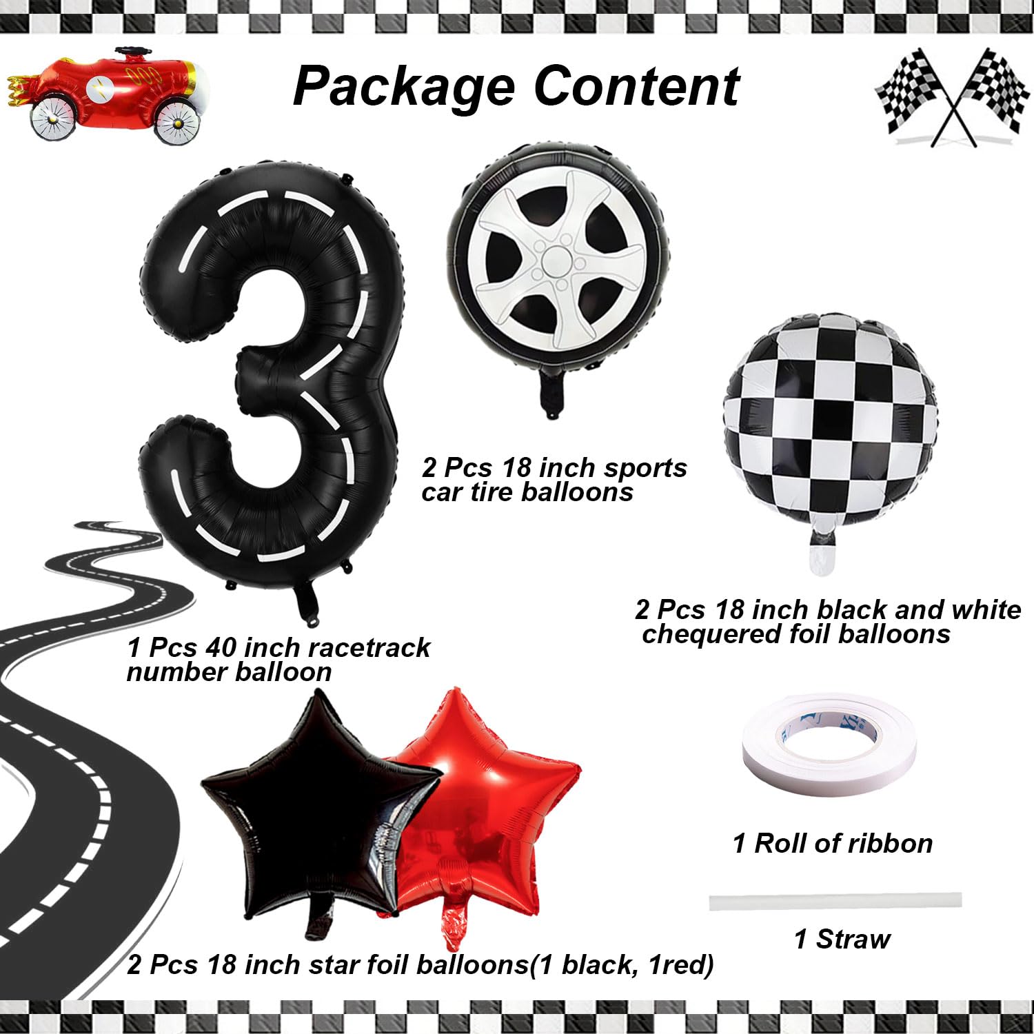 Race Car Birthday Balloons Decorations, 40 Inch Racetrack Black Number 3 Balloon, Eostankr Large Mylar Black 3 Balloon for 3st Birthday Race Car Theme Party Decor Supplies 7 Pcs