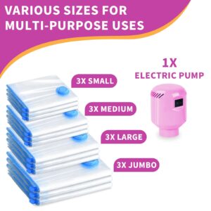 12 Pack Vacuum Storage Bags with Electric Pump, Travel Vacuum Bags(3 Jumbo, 3 Large, 3 Medium, 3 Small) Space Saver Vacuum Storage Bags,Vacuum Seal Bags for Clothes, Bedding,Blankets,Duvets, Pillows