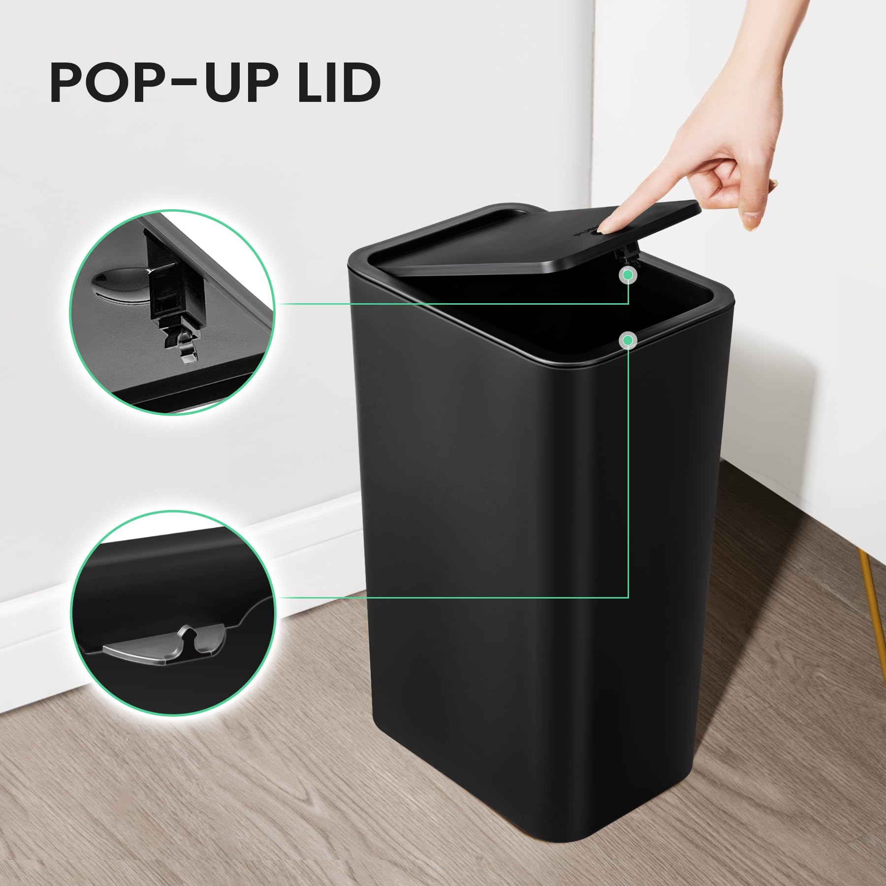 Cesun Bathroom Trash Can with Lid, 4.0 Gallon / 15 Liter Small Garbage Can with Press Top Lid, Plastic Wastebasket with Pop-up Lid for Toilet, Office, Bedroom, Living Room, Black