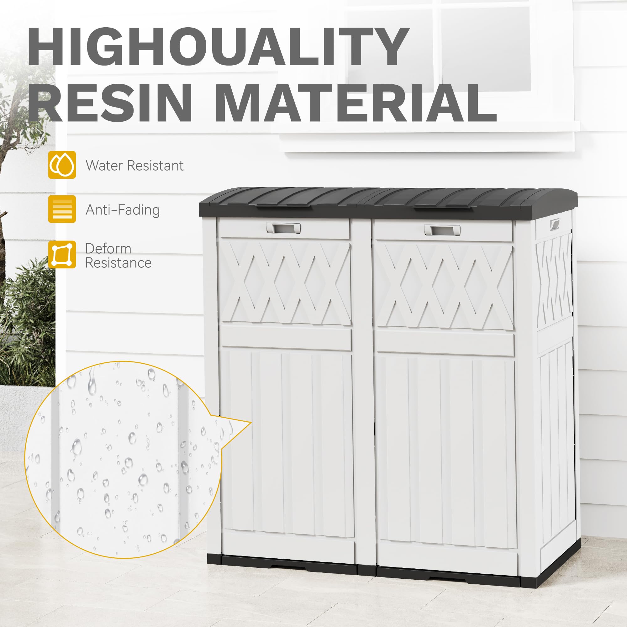 DWVO 66 Gallon Double-Bin Outdoor Trash Can, Waterproof Resin Garbage Can with Tiered Lid and Drip Tray for Patio, Kitchen, Deck, and Backyard, Grayish-White