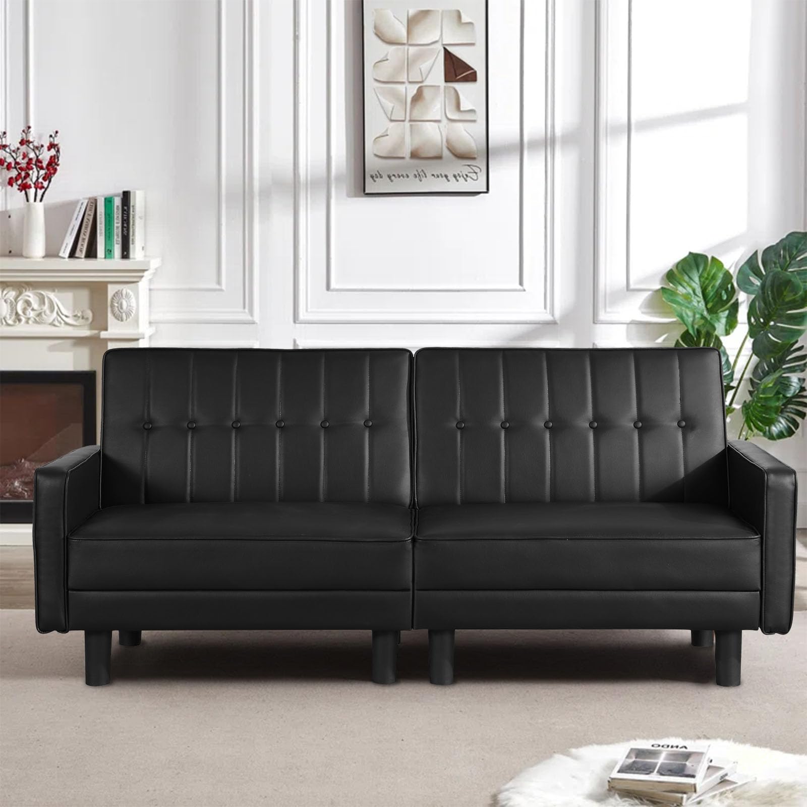 Oprisen 72” Sleeper Futon Sofa Chair Faux Leather Convertible Loveseat Sofa Bed Mid-Century Modern Sofa Tufted Couch for Office/Livingroom/Small Space w/Adjust Backrest/Side Pockets (Black, 2-Seater)