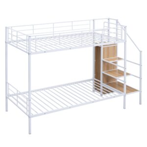 Harper & Bright Designs Twin Over Twin Bunk Beds with Storage Stairs & Wardrobe, Heavy Duty Metal Bunk Bed Frame with Guardrail for Kids, Teens, Adults, No Box Spring Needed, White