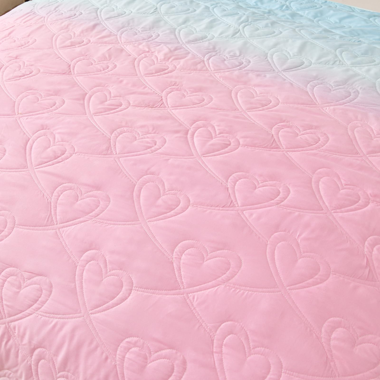 Pink Quilt Set Queen Ombre Blue Pink Mint Quilt Sets Kids Girls Bedding Set 3PCs Summer Reversible Lightweight Microfiber Bedspread Coverlet Sets for All Season (96''x90'')