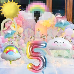 5th Birthday Decorations Girl, 5th Rainbow Birthday Balloons Set with Sun Rainbow Gradient Stars and 40 Inch Number 5 Foil Balloon for Rainbow Theme Girls 5th Birthday Party Decoration Supplies