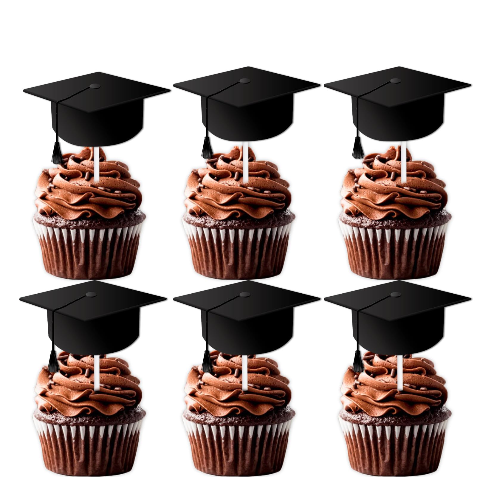 18pcs Black Glitter Cap Dessert Cupcake Topper Congrats Grad 2024 Theme Decorations 2024 Preschool High School College Graduation Party Decor Supplies