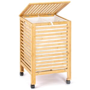 laundry hamper with lid and wheels, bamboo rolling laundry hamper with 2 sections and removable liners bags 120l, versatile storage solutions for blanket, toys, towels (natural)