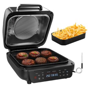 parmedu air fryer indoor smokeless grill: 12-in-1 electric air grill combo with bake, roast, broil, steam, dehydrate, 1800w power grill with smart thermometer, non-stick dishwasher-safe plates, 6qt