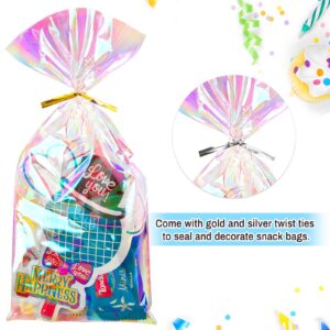 Ohuimrt Iridescent Cellophane Treat Bags, 5 x 11 Inches Plastic Holographic Goodie Bags, 100 PCS Party Favor Bags with 100 PCS Ties for Candies, Snacks, Small Gifts