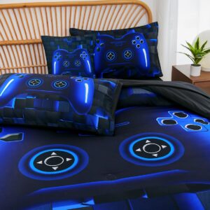 PERFEMET Twin Size Bed in A Bag 6 Pieces Gaming Bedding Set for Boys Blue Gamer Comforter with Sheet Set for Kids Teen Cool Video Game Black Quilt Bedding Set(Blue, Twin)