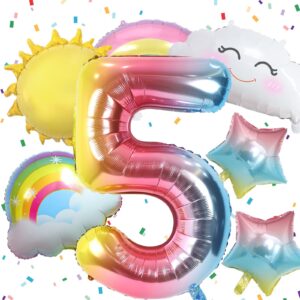 5th birthday decorations girl, 5th rainbow birthday balloons set with sun rainbow gradient stars and 40 inch number 5 foil balloon for rainbow theme girls 5th birthday party decoration supplies