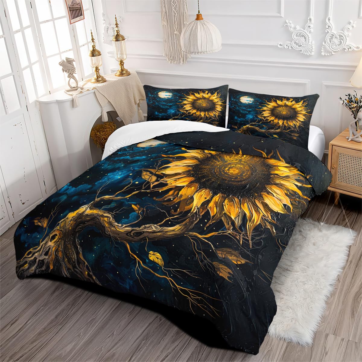 CCoutueChen Moon Sunflower Duvet Cover Set King Size Abstract Yellow Flower Comforter Bedding Set Unique Plant Duvet Covers for Girls Women Adults Aesthetic Floral Duvet Cover with 2 Pillowcases