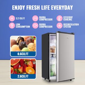 WANAI 3.2 Cu.Ft Mini Fridge with Freezer, Single Door Small Compact Refrigerator with 5 Adjustable Thermostat, LED Light, 3 Removable Shelves for Office, Dorm, Bedroom, Apartment, Kitchen Silver