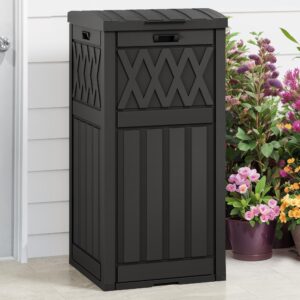 dwvo 33 gallon outdoor trash can with tiered lid and drip tray, waterproof resin garbage can for patio, kitchen, deck and backyard - black